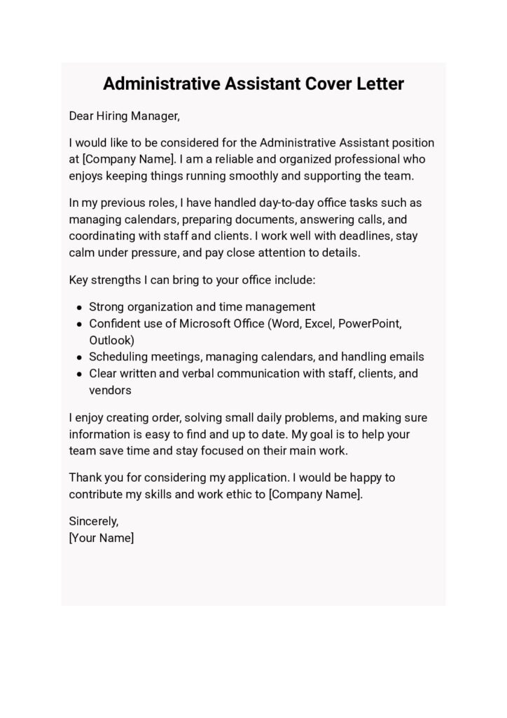 Professional Administrative Assistant Cover Letter Template by CoverForge