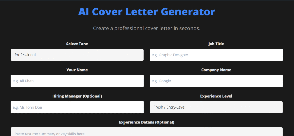 AI Cover Letter Generator Tool Interface